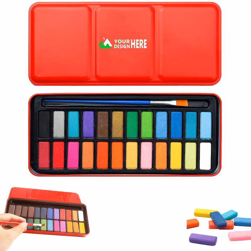 Metal Box 24 Colors Solid Watercolor Paint Set Full Color