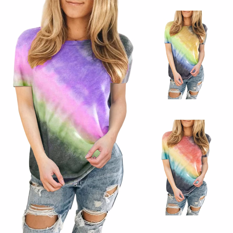 Gradient Color Printing Round Neck T-shirt