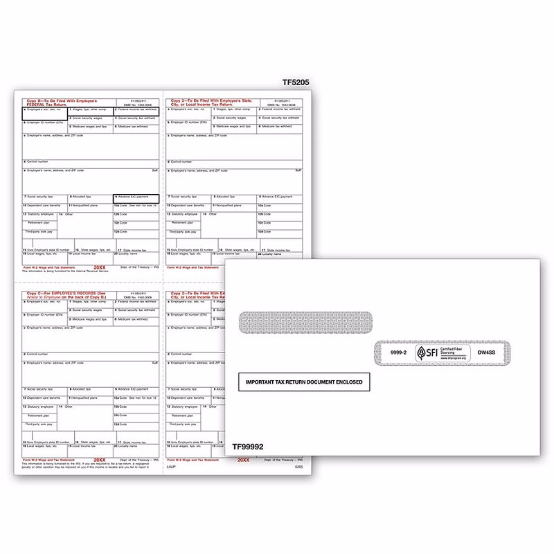 W-2 Tax Forms Set, 4-Up Laser & Envelope Kit - 50 Sets/Pk