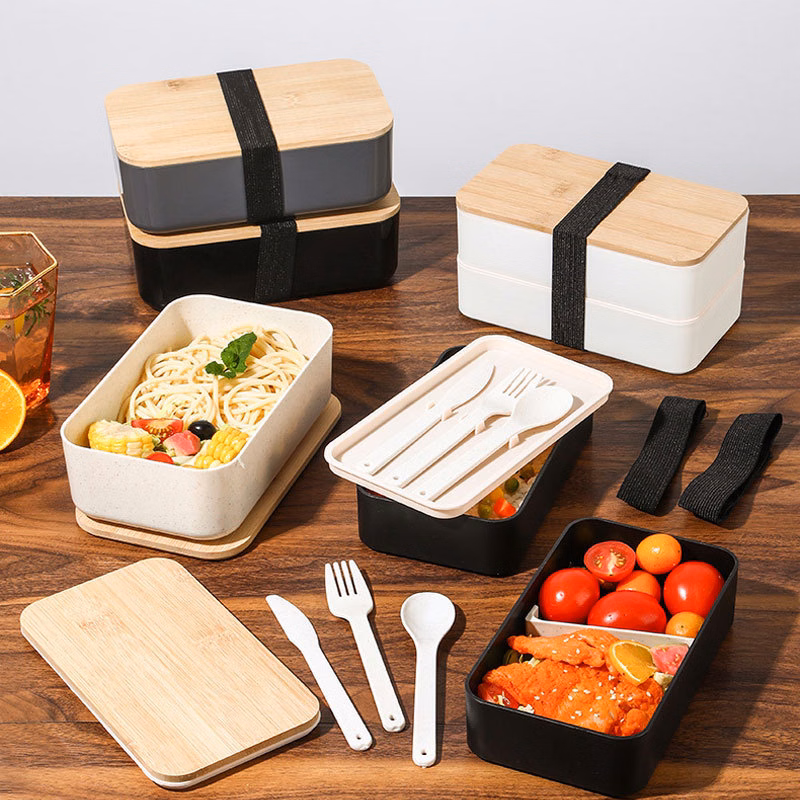 Double Decker Lunch Box with Bamboo Lid & Utensils