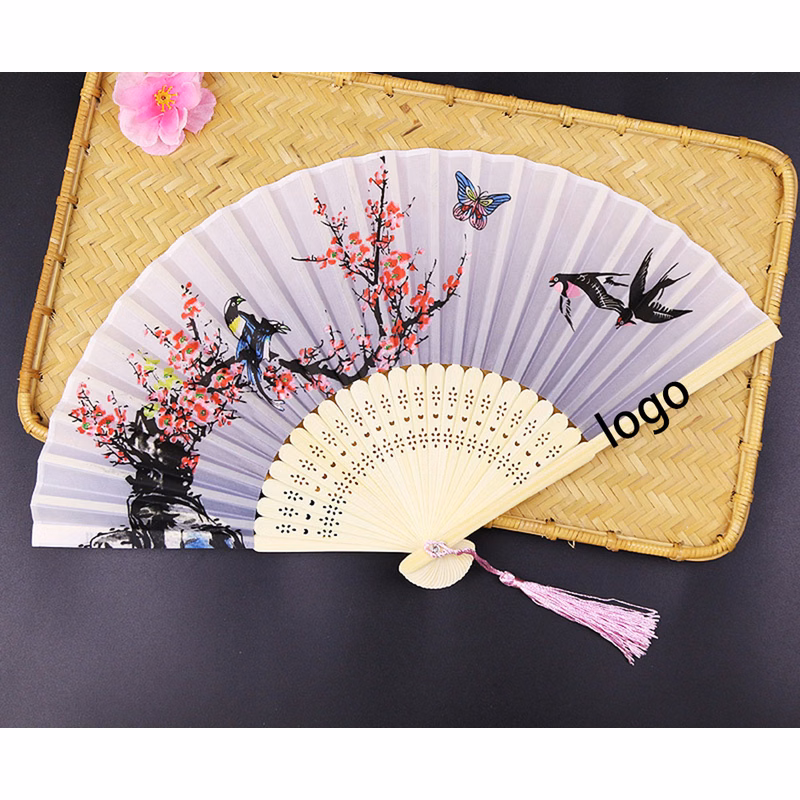 Traditional Chinese Painted Fan with Birds and Flowers