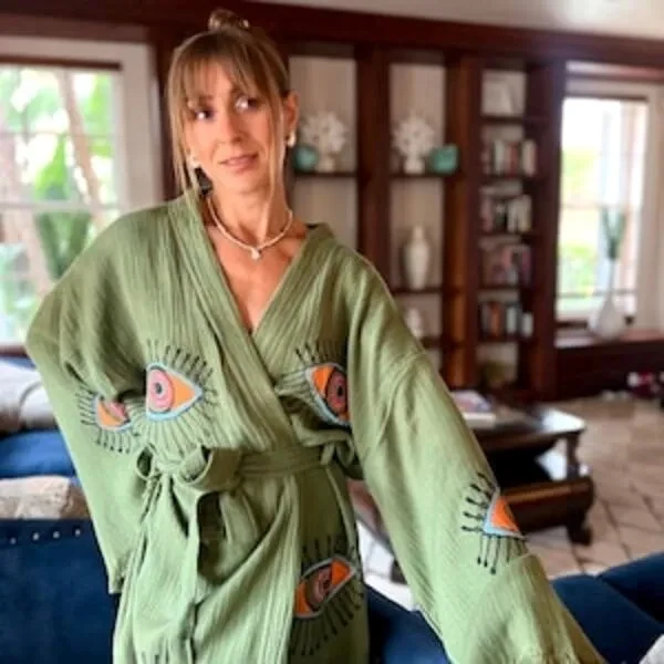 Organic Cotton Boho Spa Robe with Evil Eye Detail 1
