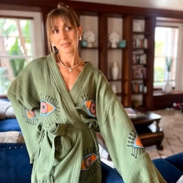 Organic Cotton Boho Spa Robe with Evil Eye Detail
