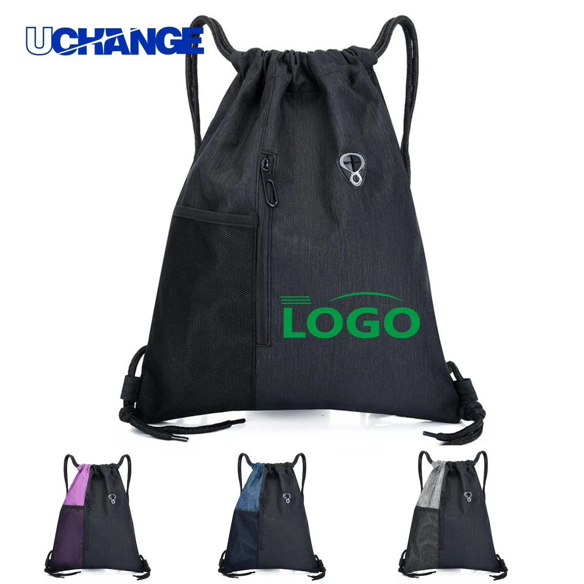 Sports Drawstring Backpack with Zipper Pocket and Mesh Side 1