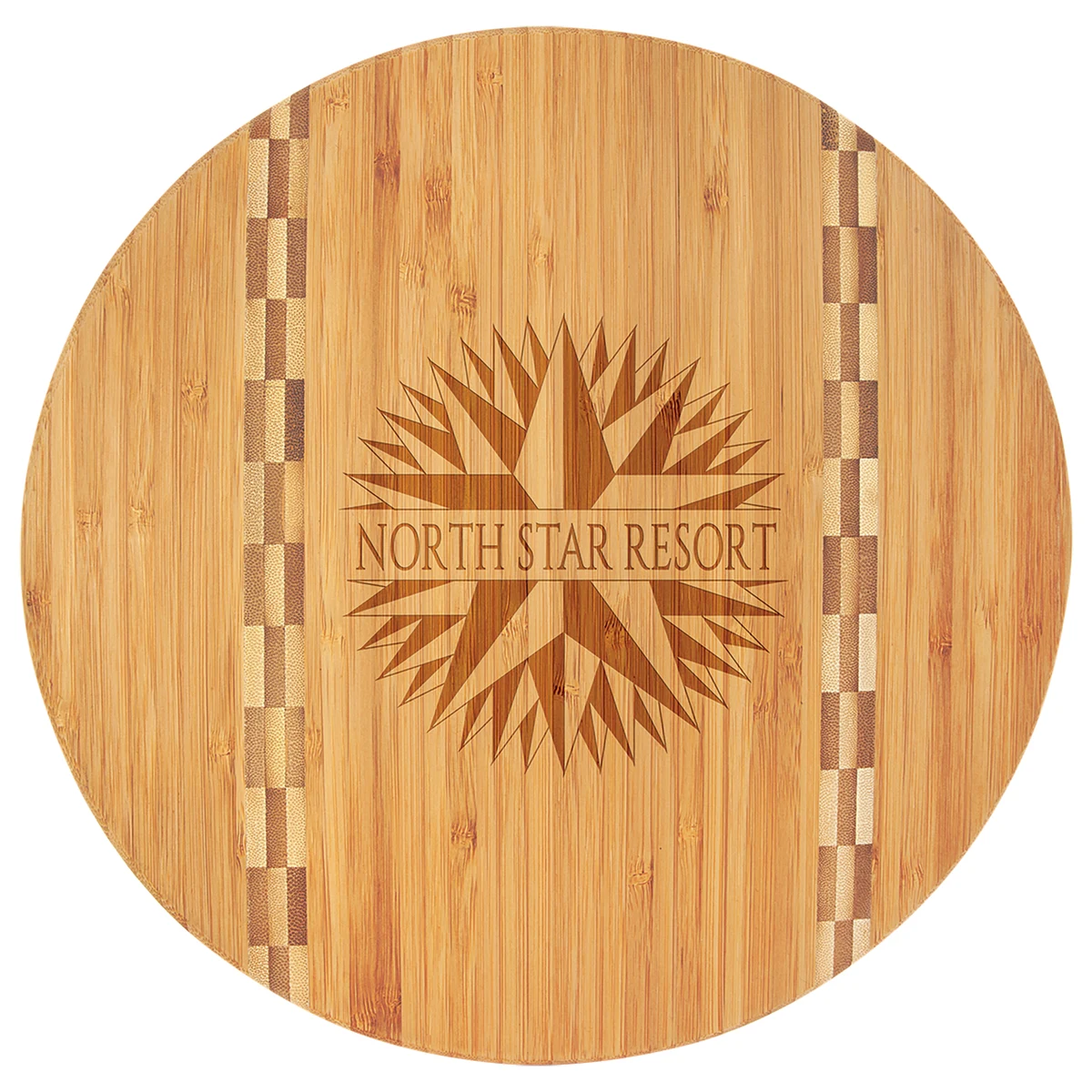 11 3/4" Multi Brown Round Bamboo Cutting Board with Butcher Block Inlay 1
