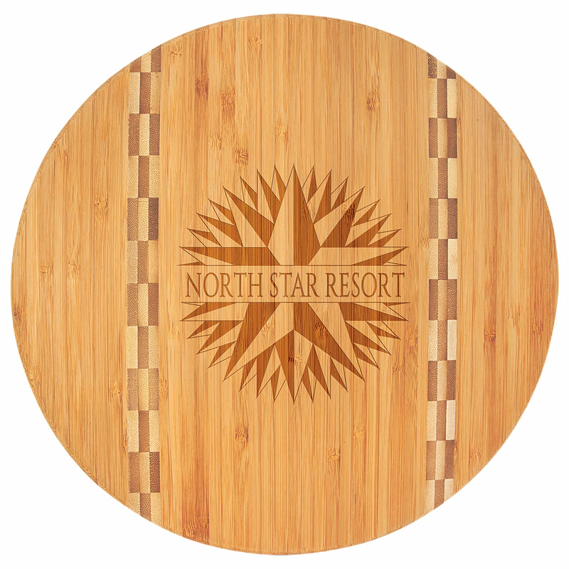 11 3/4" Multi Brown Round Bamboo Cutting Board with Butcher Block Inlay