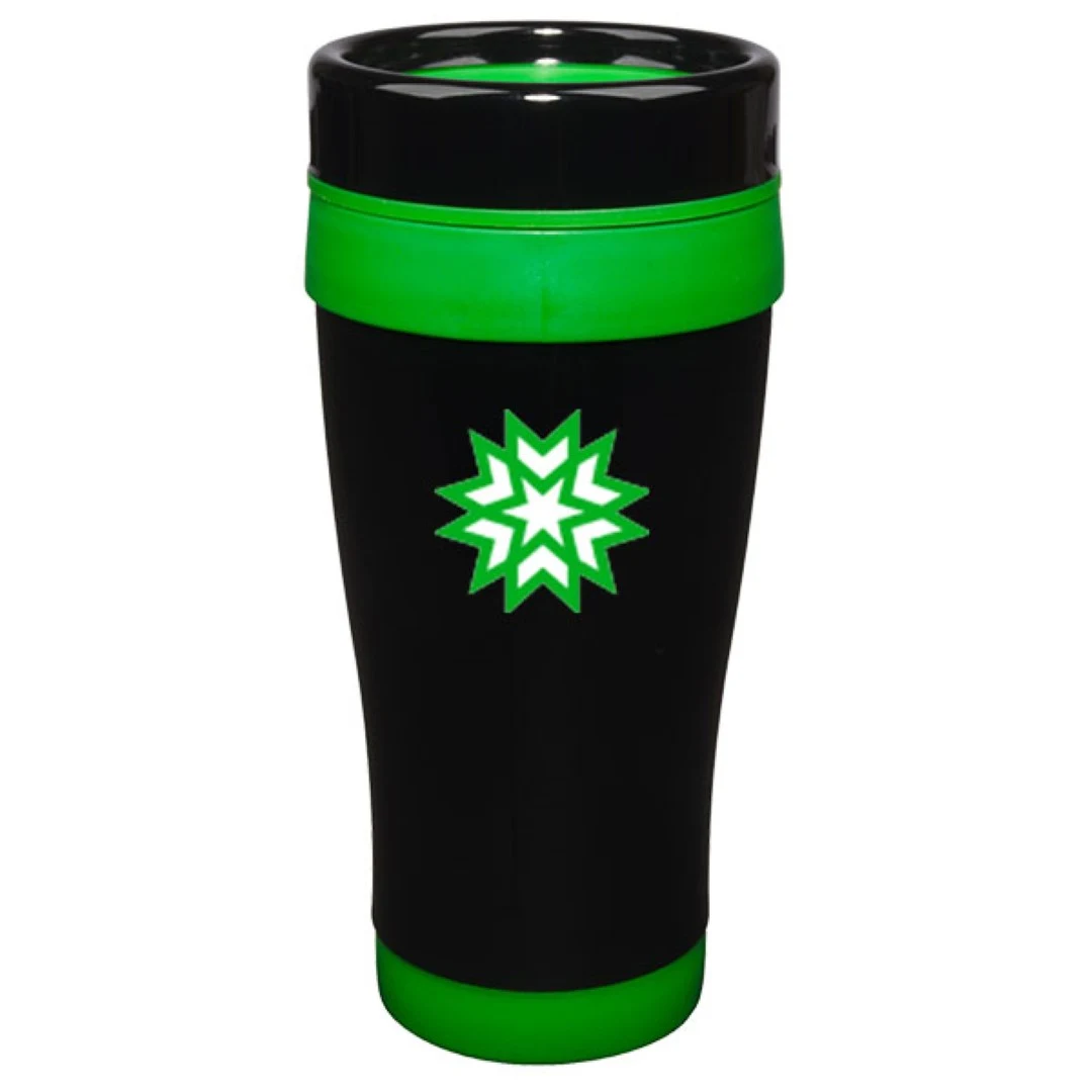 14 oz Formula Seven Stainless Steel Travel Mug with Black Lid And Green Accents 1