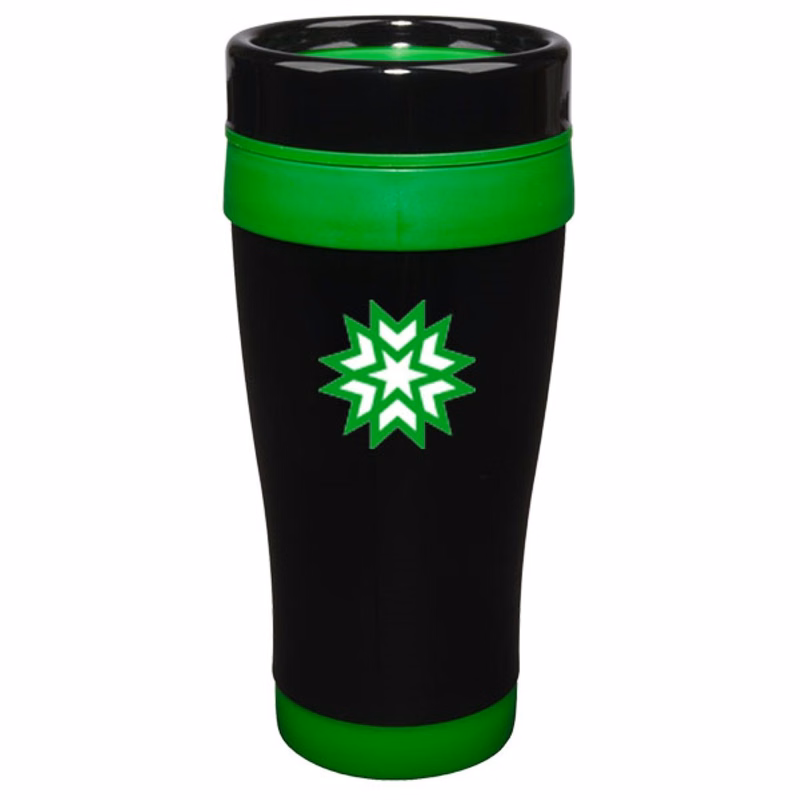 14 oz Formula Seven Stainless Steel Travel Mug with Black Lid And Green Accents