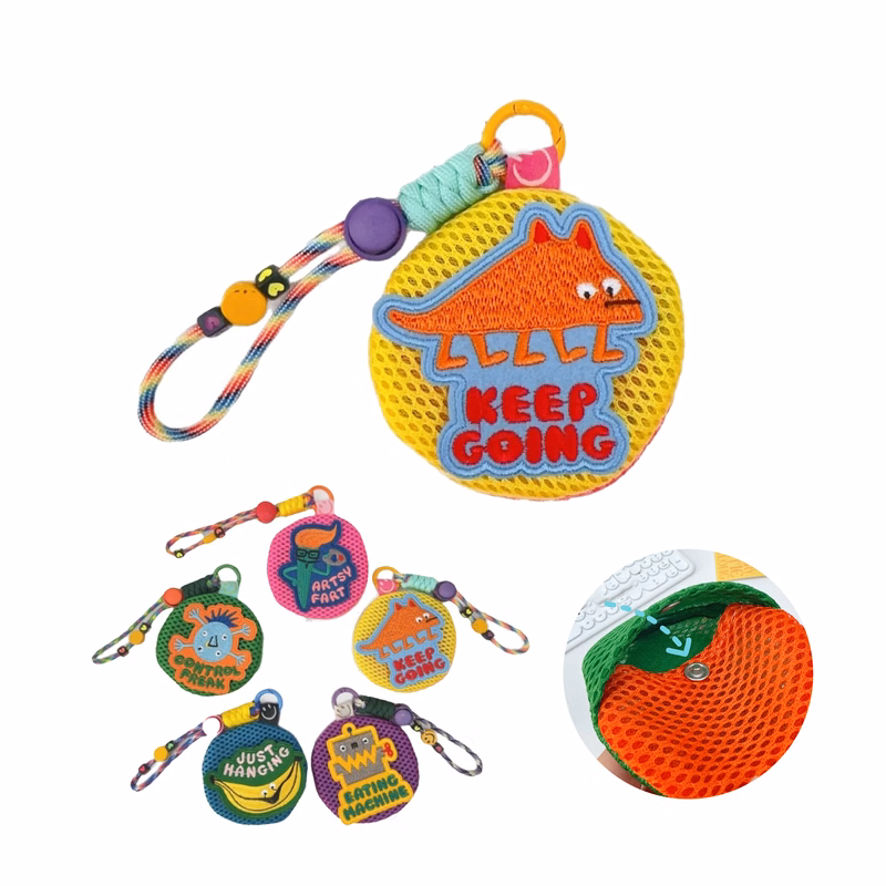 Colorful Mesh Keychain Pouch with Cartoon Patch