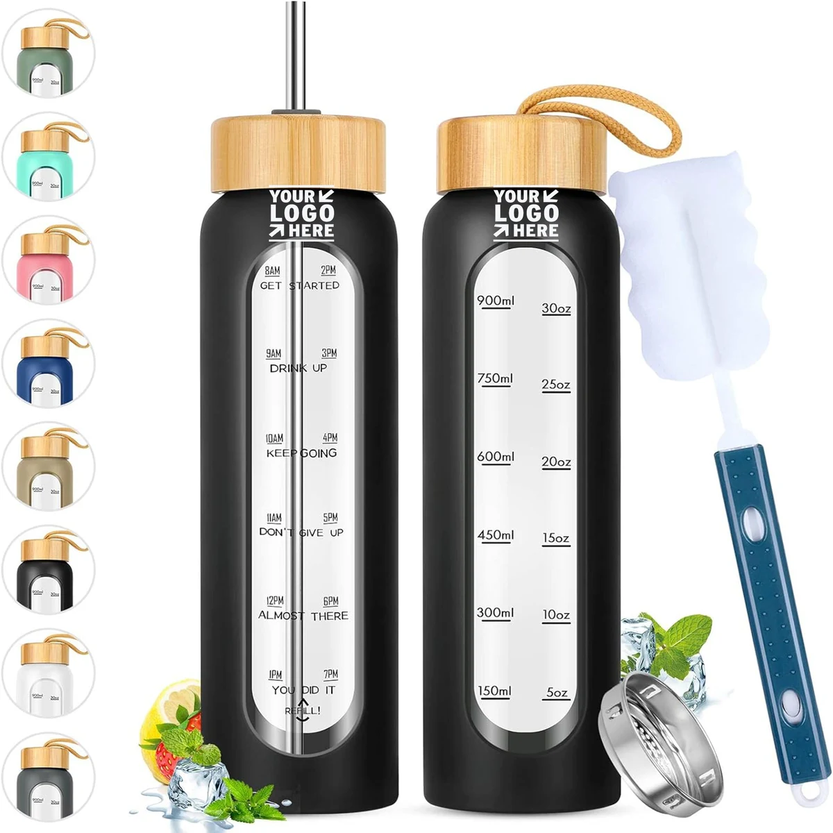 32 OZ Reusable Silicone Sleeve Motivational Glass Water Bottles With Straw Time Marker 1