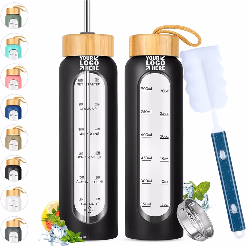 32 OZ Reusable Silicone Sleeve Motivational Glass Water Bottles With Straw Time Marker