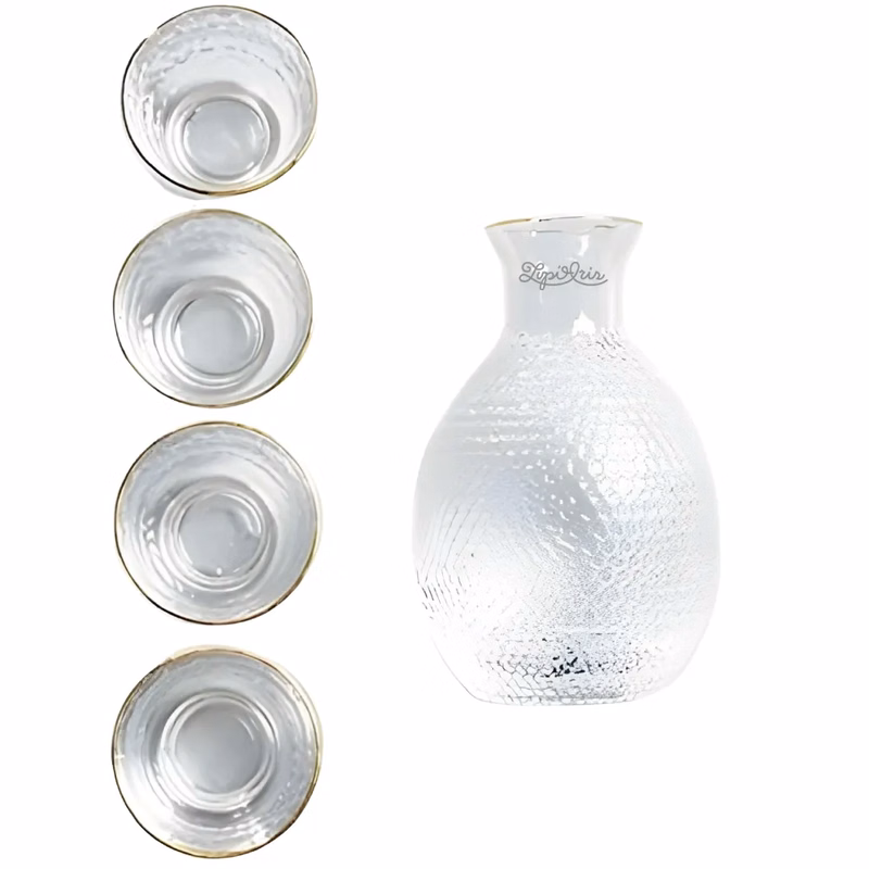 Textured Japanese Sake Set with Gold Rim