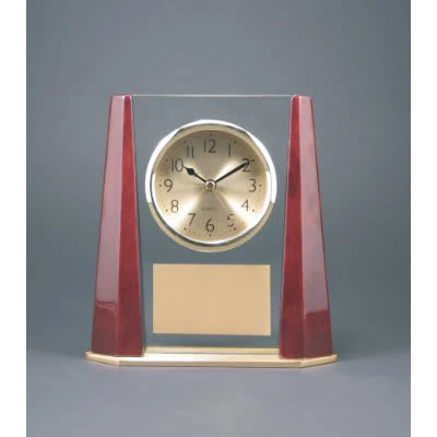 7" Rosewood/Clear Glass Desk Clock with Rosewood Finish Bevel Columns 1
