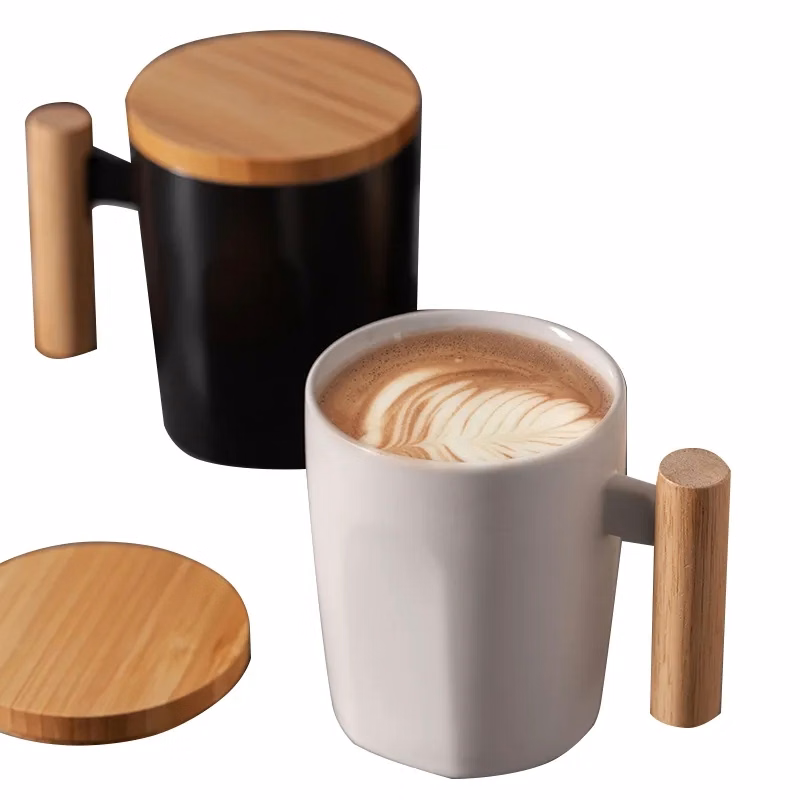 Ceramic coffee cup with wooden handle