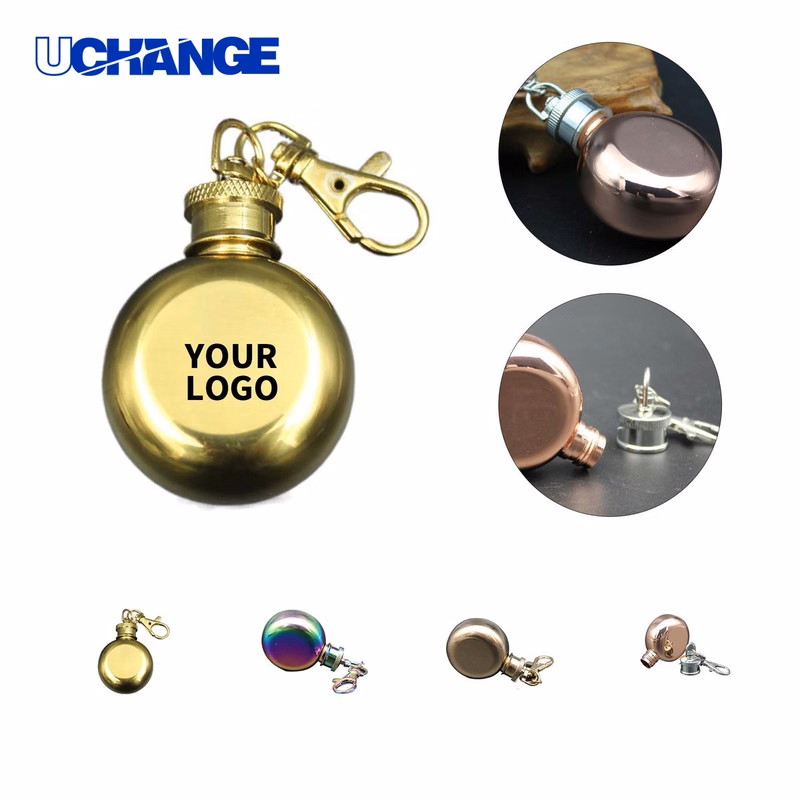 Stainless Round Pocket Flask Bottle 1 Ounce with Keychain Clip