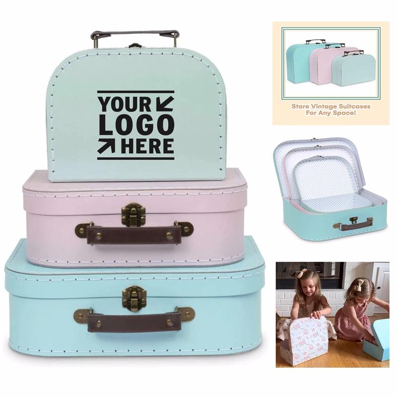 Set of 3 Paperboard Suitcases Vintage Decorative Storage Box