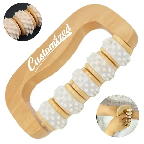 Custom Wooden Handheld Roller Massager with Five Textured Wheels — Wellness Gift 1