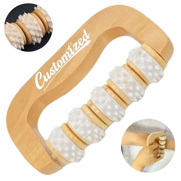 Custom Wooden Handheld Roller Massager with Five Textured Wheels — Wellness Gift