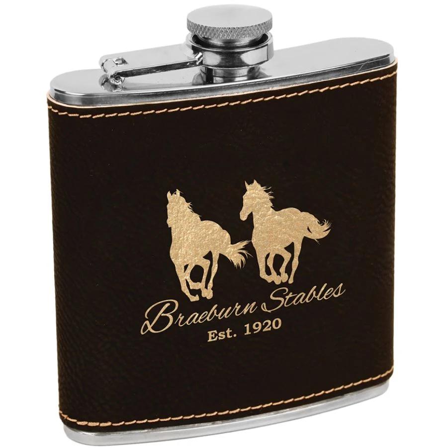 Laser Engraved Leatherette Covered Stainless Steel Flask - Black 1