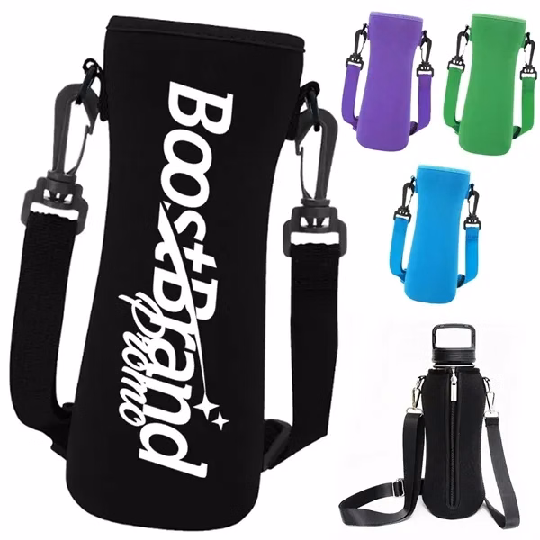 Custom Neoprene Water Bottle Holder with Shoulder Strap — Active Lifestyle Promo