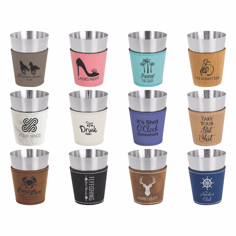 2 oz. Laserable Leatherette Stainless Steel Shot Glass, 1.75" x 1.75" x 2.38"