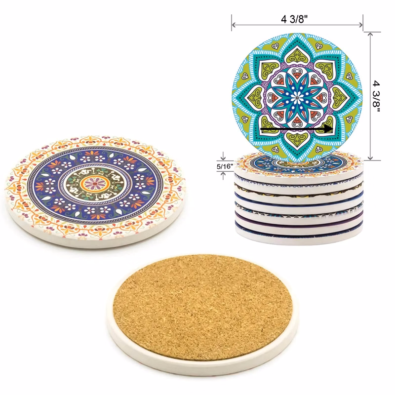 Round Absorbent Ceramic Stone Coaster with Cork Base