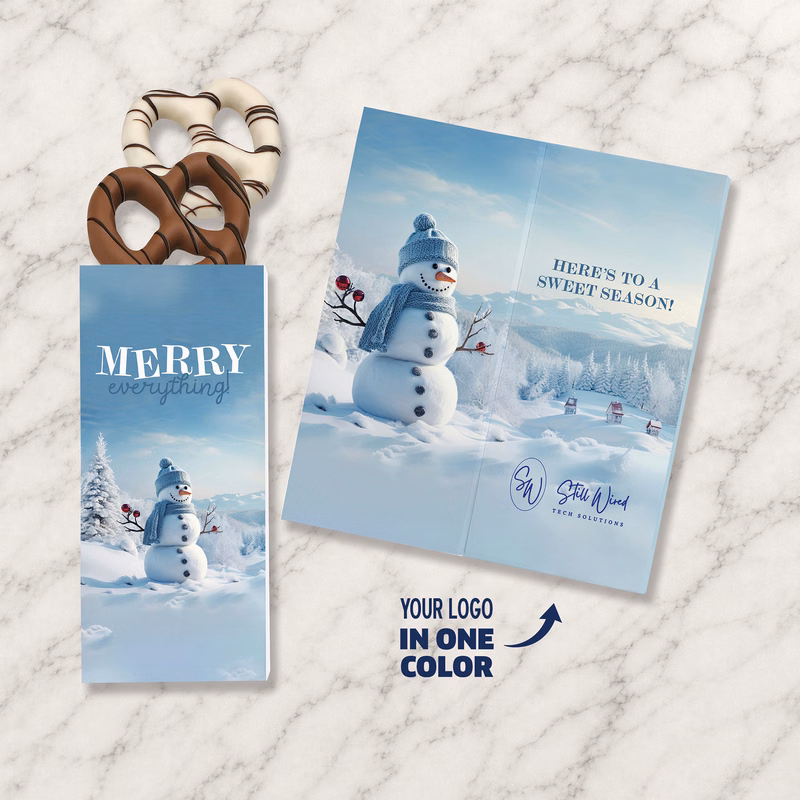 One Color Foil-Stamped Stock Snowman Sweeter Cards with Chocolate Dipped Pretzels