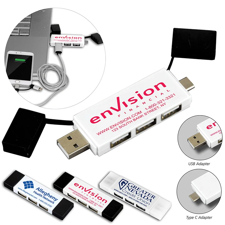 "Freedom" 2 in 1 – 3 Port Mini USB Hub with Type A & Type C Adapter 1