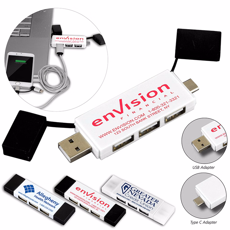 "Freedom" 2 in 1 – 3 Port Mini USB Hub with Type A & Type C Adapter
