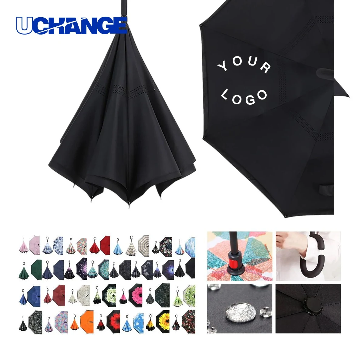 Reverse Folding Umbrella with C Shaped Handle 1