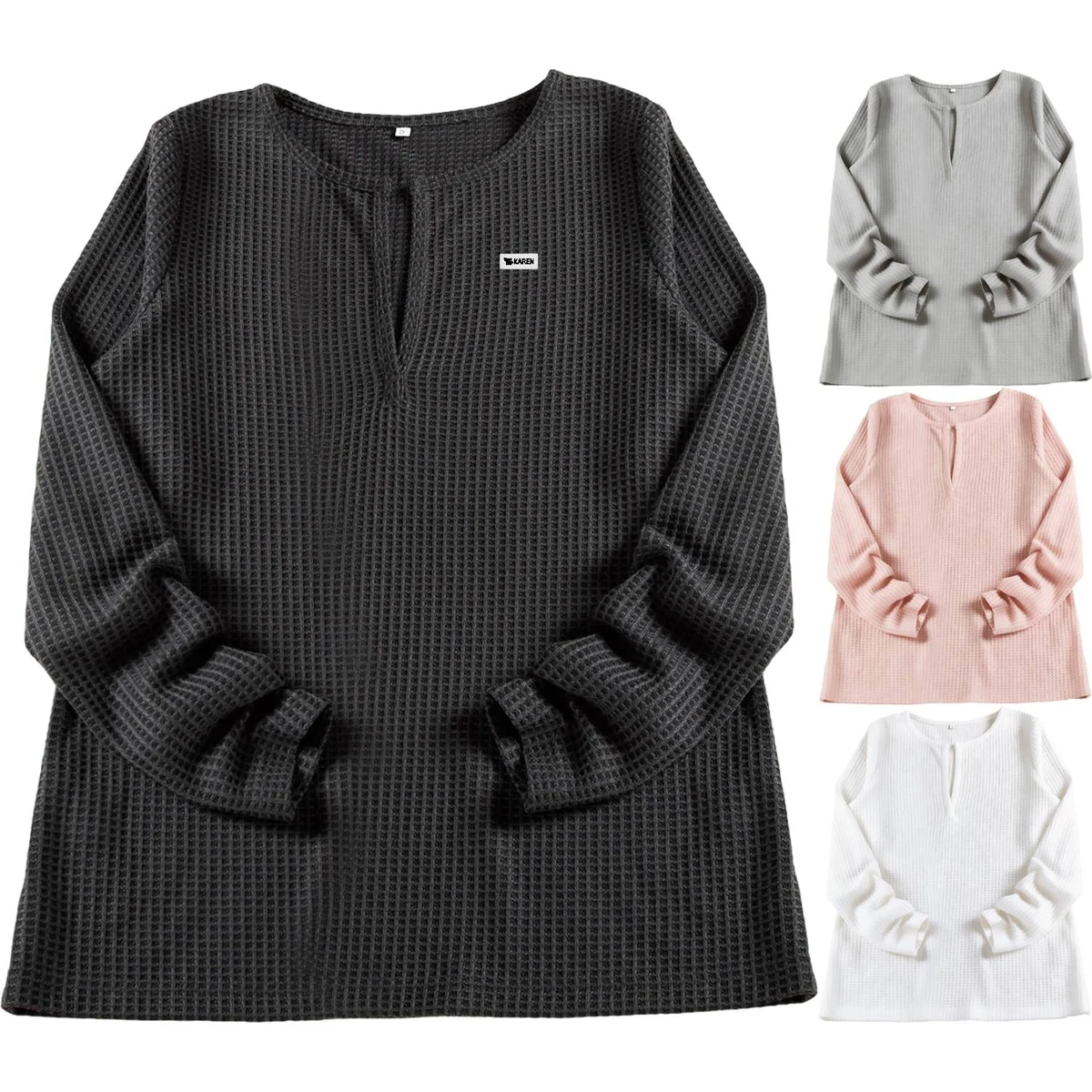 Women Long Sleeve V-Neck Waffle Shirt 1