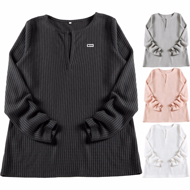 Women Long Sleeve V-Neck Waffle Shirt