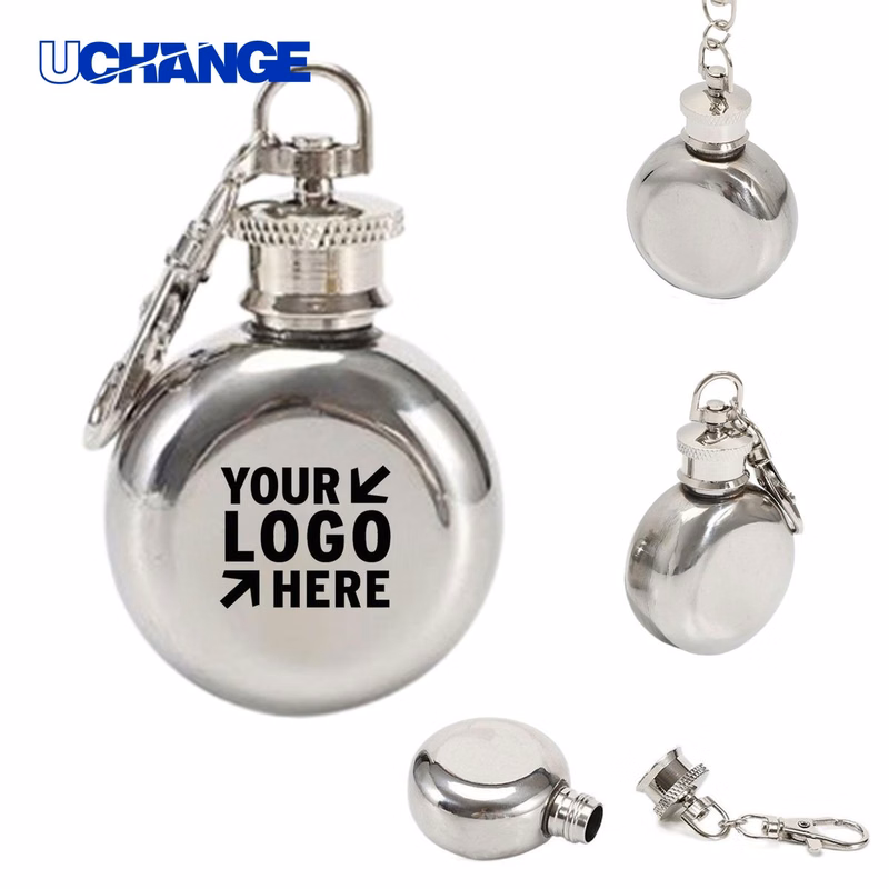 1oz Round Stainless Steel Hip Flask Keychain