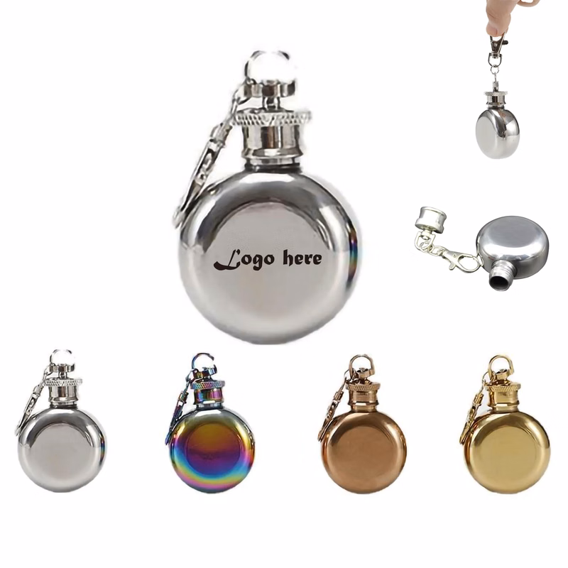 1oz Stainless Steel Round Keychain Portable Shot Flask MOQ30