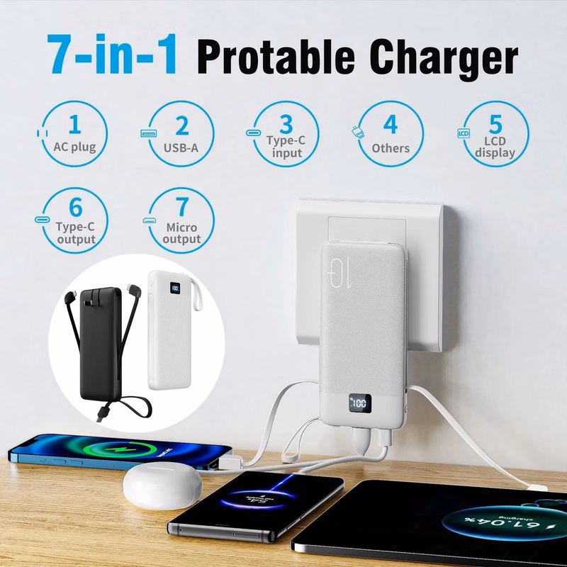 10000mAh Power Bank with Built-in Cables and AC Wall Plug