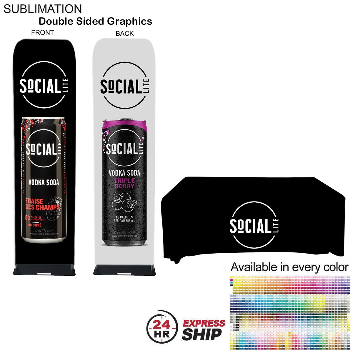 24Hr Express Ship - Event package, 2'W Fabric banner and Premium 6' tablecloth open back 1
