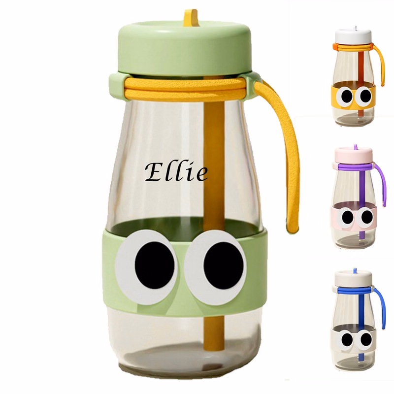 24 oz Cartoon Big Eyes Glass Water Bottle with Straw