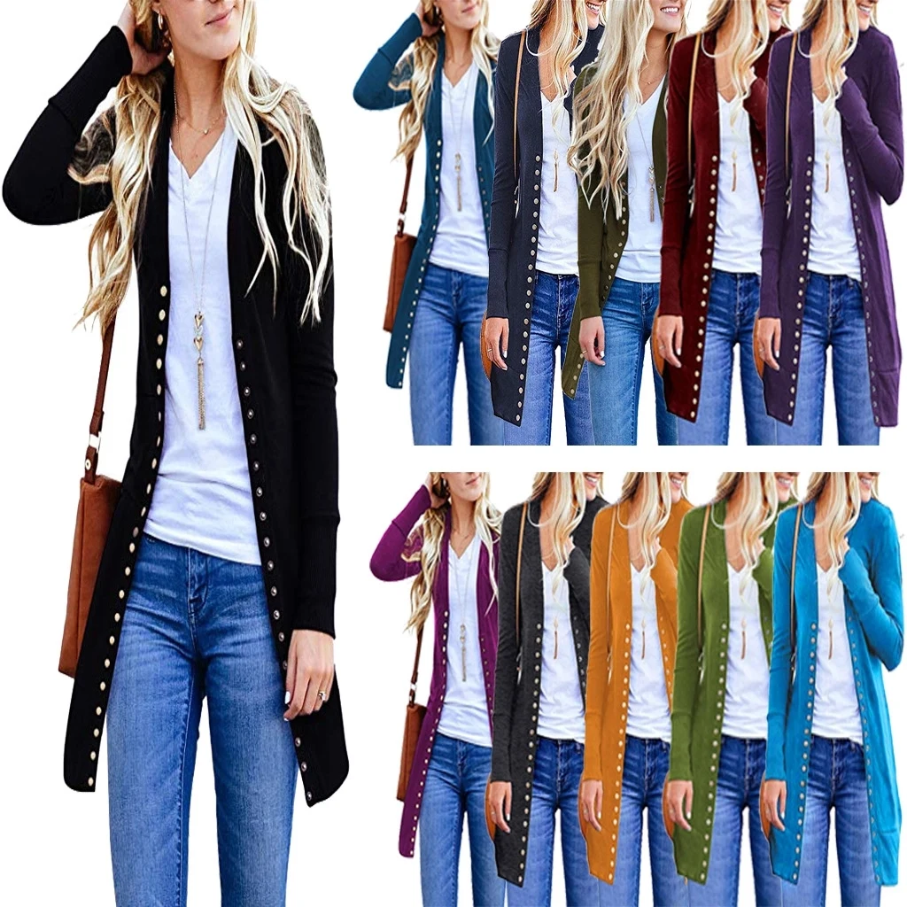 Women's Long Snap Button Down Knit Cardigans 1