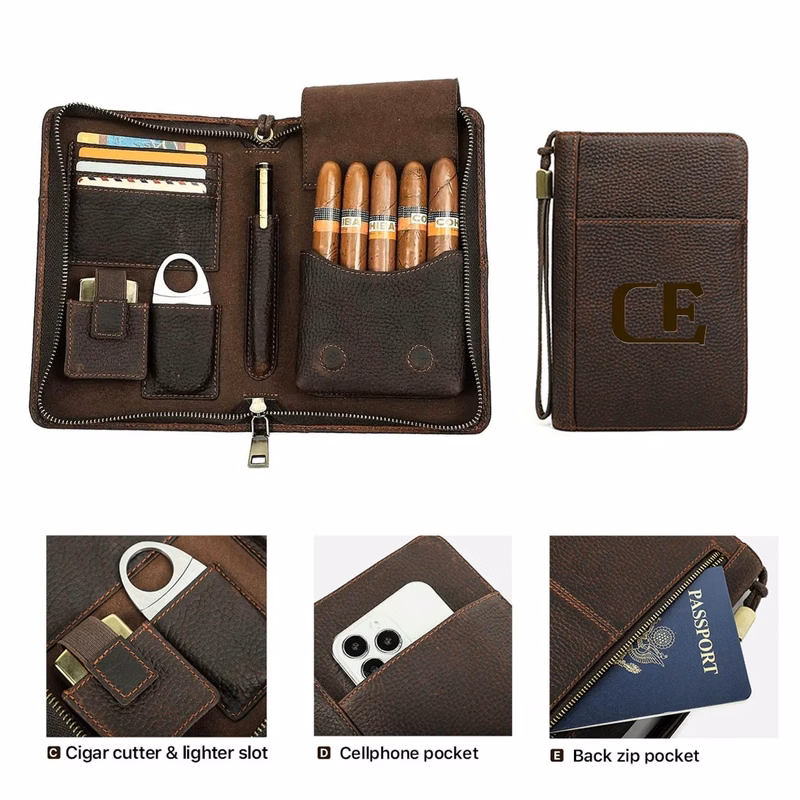 5-cigar Portable Genuine Leather Cigar Case