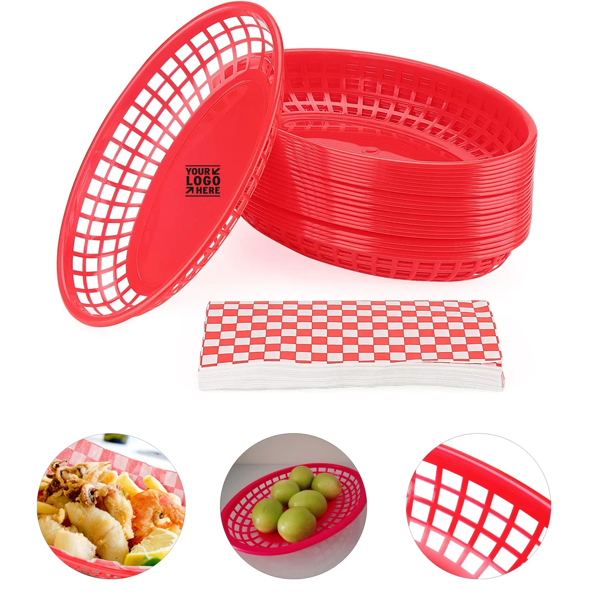 8.8 x 5.5 Inch Red Fast Plastic Food Serving Basket With Checkered Deli Liner 1