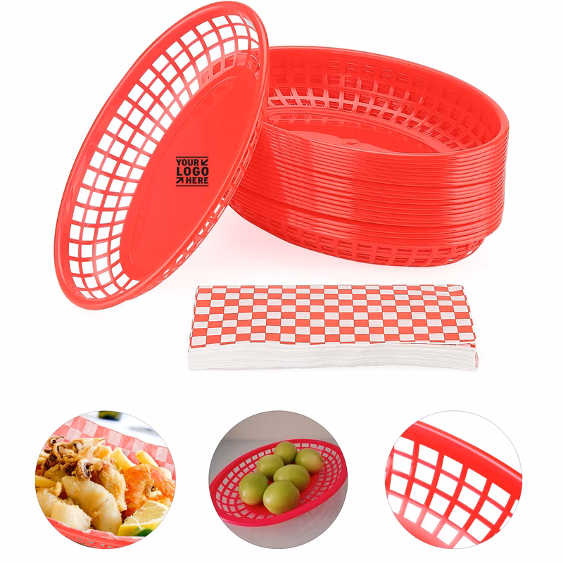 8.8 x 5.5 Inch Red Fast Plastic Food Serving Basket With Checkered Deli Liner