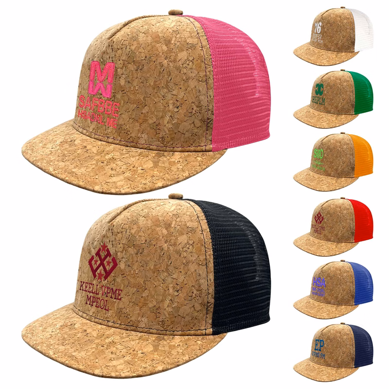 Cork Flat Visor 5 Panel Snapback Mesh Back Trucker Hat