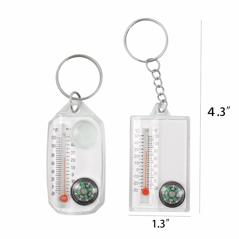 Multifunctional Acrylic Keychain Compass With Magnifying Glass & Thermometer