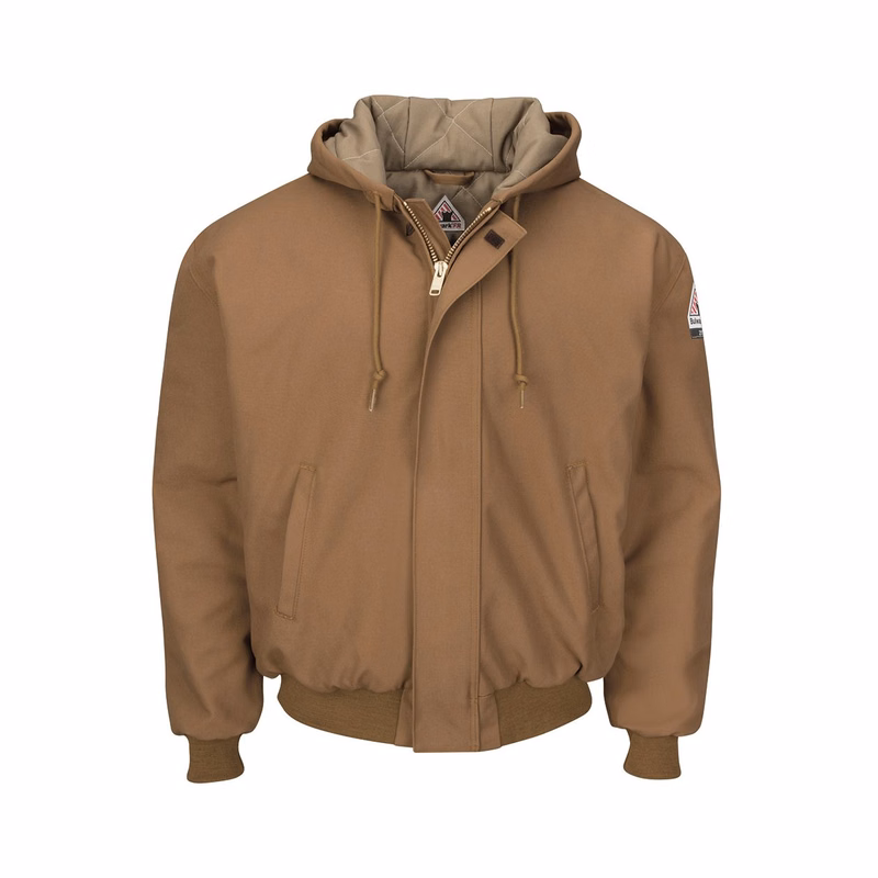 Men's Insulated Brown Duck Hooded Jacket with Knit Trim - JLH6