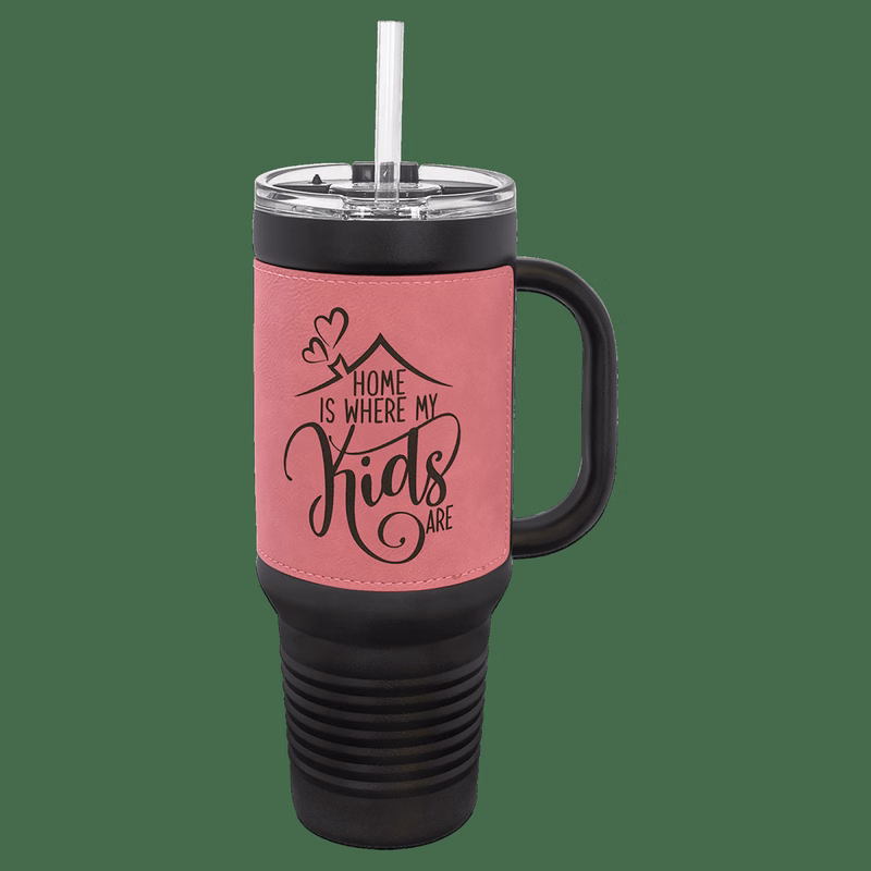 Polar Camel 40 oz. Black with Pink Laserable Leatherette Travel Mug with a Handle, Straw Included