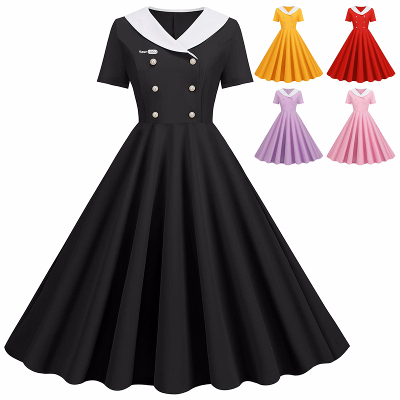 Polyester Fashionable V-Neck Double Breasted Dress