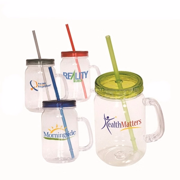 Plastic Mason Jar Cup With Straw And Handle