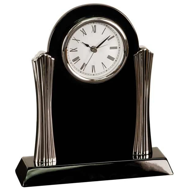 8 1/4" x 7 1/2" Black Piano Finish Clock with Silver Columns 1