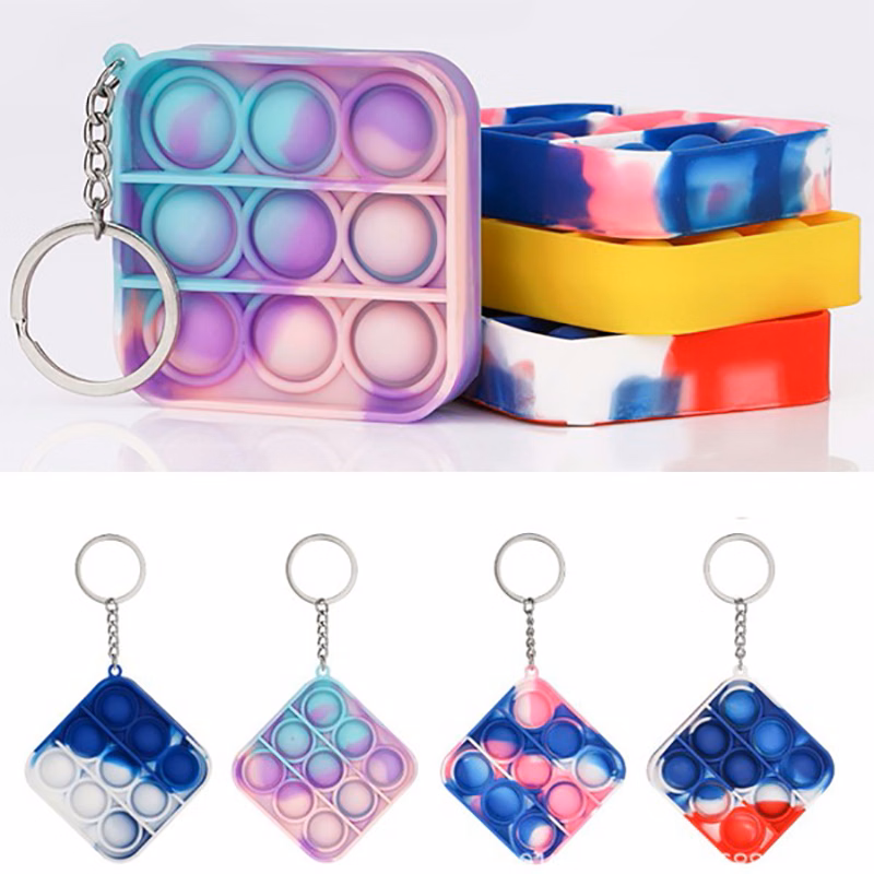 Solid Color Square Shape Bubble Sensory Push Pop Fidget Toy Keychains