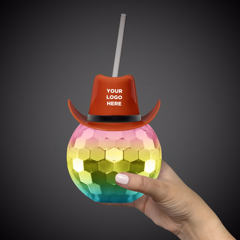 Disco Ball Cup Rainbow w/Straw and Brown Hat(hat not assembled)(Imprintable)